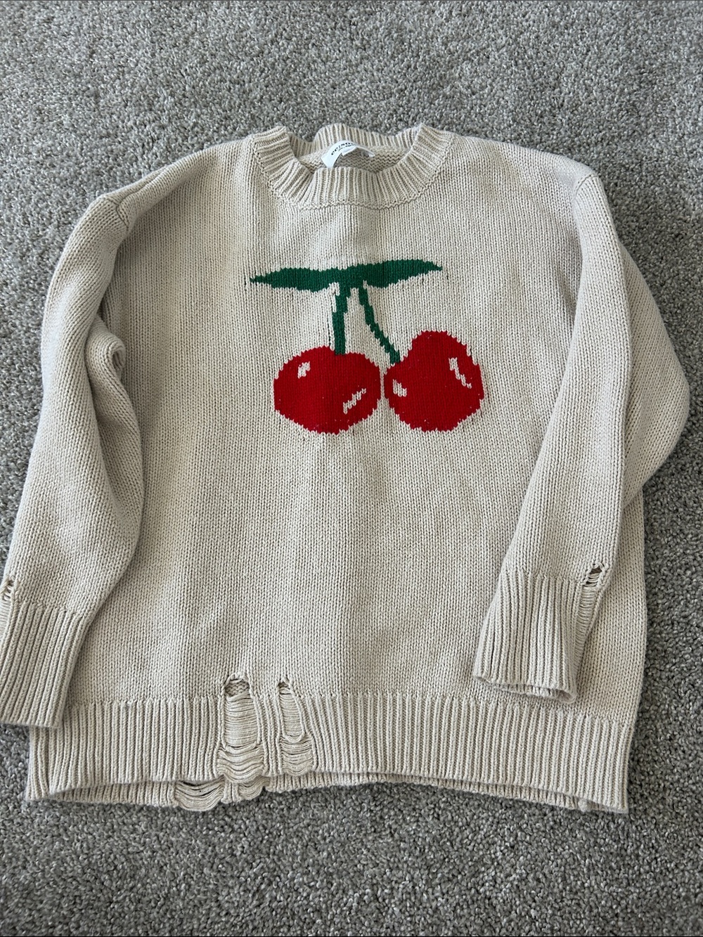 eesome Cream Crewneck Sweater with Red Cherry Motif